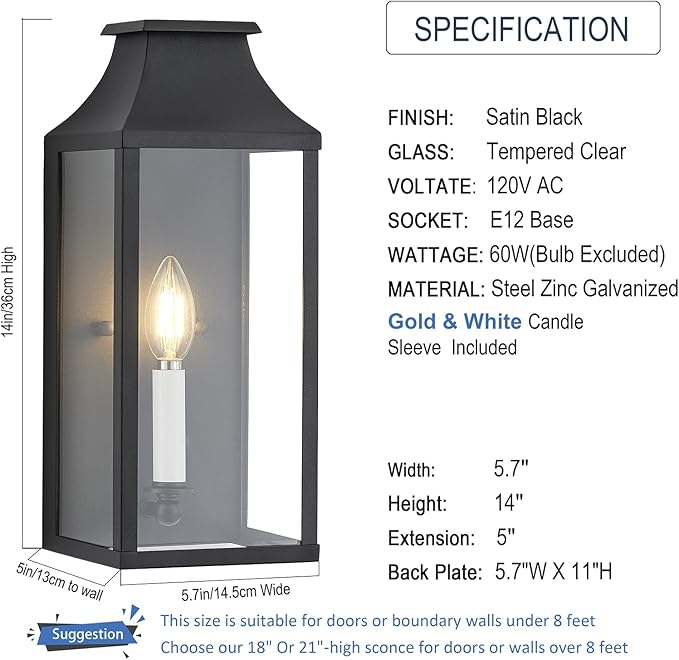 14 Small Classic Outdoor Wall Lantern Light for House ExteriorHandcrafted Satin Black Metal Cage Mounted Pocket Wall Sconce W/Clear Tempered GlassWaterproof for Porch Patio Garage&ampFront Door
