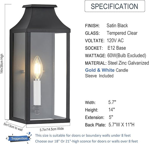 14 Small Classic Outdoor Wall Lantern Light for House ExteriorHandcrafted Satin Black Metal Cage Mounted Pocket Wall Sconce W/Clear Tempered GlassWaterproof for Porch Patio Garage&ampFront Door