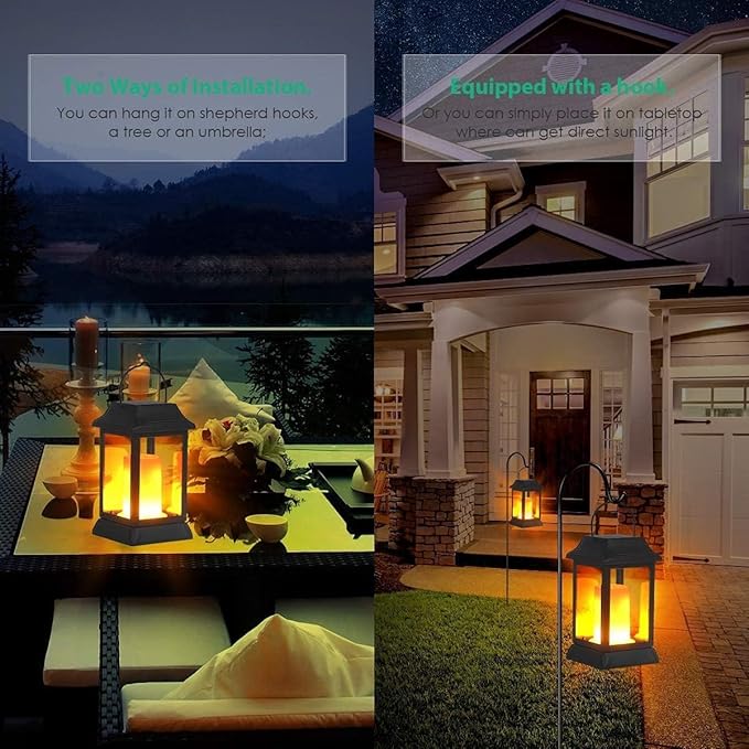 TomCare Solar Lights Metal Flickering Flame Solar Lantern Outdoor Hanging Lanterns Decorative Lighting Heavy Duty Solar Powered Waterproof Umbrella Lighting for Garden Yard Patio Deck 4 Pack（Black）
