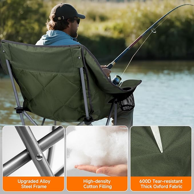 Oversized Camping Chair Portable Folding Padded Camping Chairs with Cup Holder and Carry Bag Heavy Duty Outdoor Camping Chairs for Adults Up to 400Lb for Fishing Sports (Green-2 Pack)