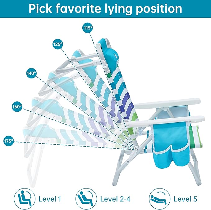 Beach Chair Beach Chairs for Adults 2 Pack Outdoor Folding Beach Chairs for Adults Supports up to 350lbs with 5 Positions Towel bar Cooler Pouch Storage Pouch.