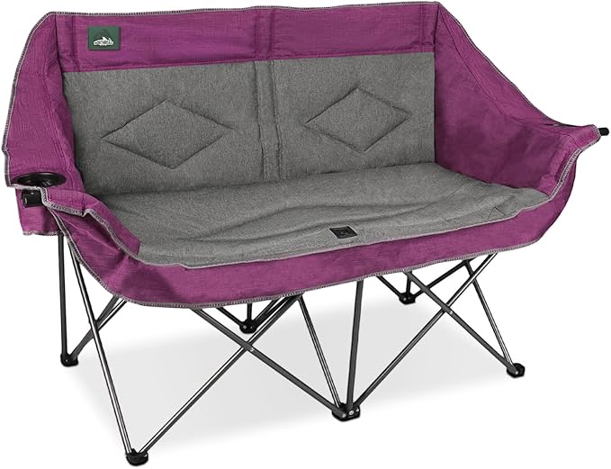 Northroad Folding Loveseat Camping Chair Portable Double Duo Full Padded Garden Sofa Chair for 2 Person w/ 2 Cup HolderWine Glass HolderSupport 600lbs for Outdoor Travel (Purple)