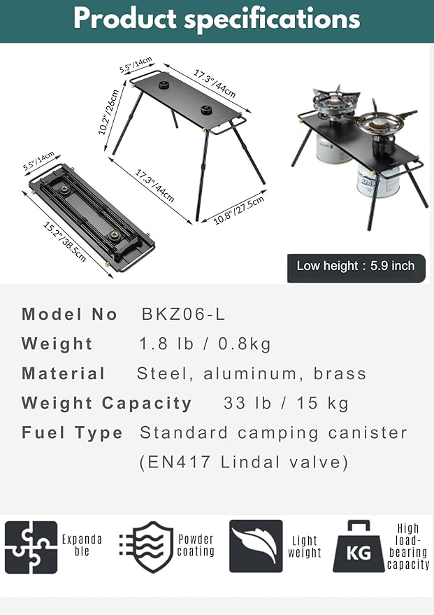 CAMPINGMOON Dual Burner Camping Cooktop Half Size IGT Top Detachable Legs Compact Table Removable Handles Non Slip Feet Outdoor Backpacking Stove Accessory BKZ06-L