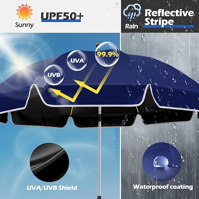 48.8 inch Beach Umbrella with Clamp Sun Shade for Beach Chair 360°Adjustable UV Protection Golf Umbrella with Clip for Outdoor Stroller Wheelchair Camping Chair（ink blue）