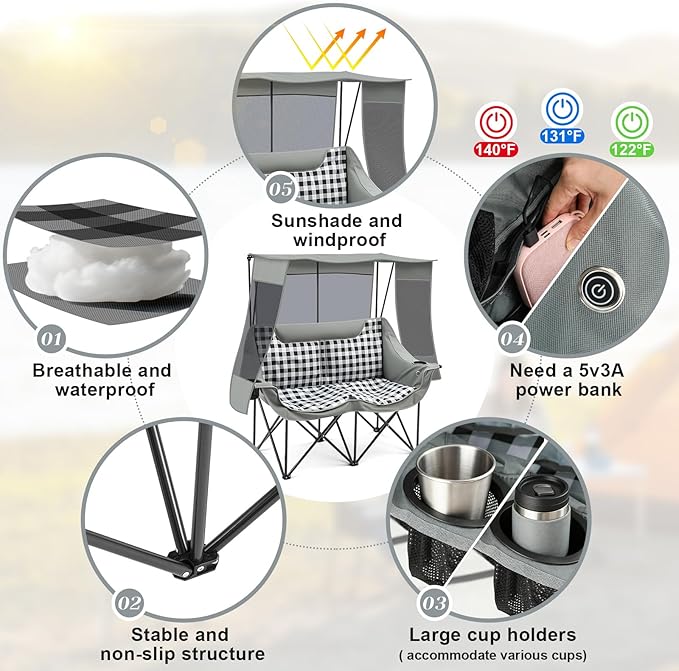 Double Camping Chair with Canopy Shade Oversized Folding Loveseat with Roof 660lbs Heavy Duty Outdoor Lawn Chair with Holders Pocket for Camping Fishing (Heating Zones for Cool Evenings)(Gray Plaid)