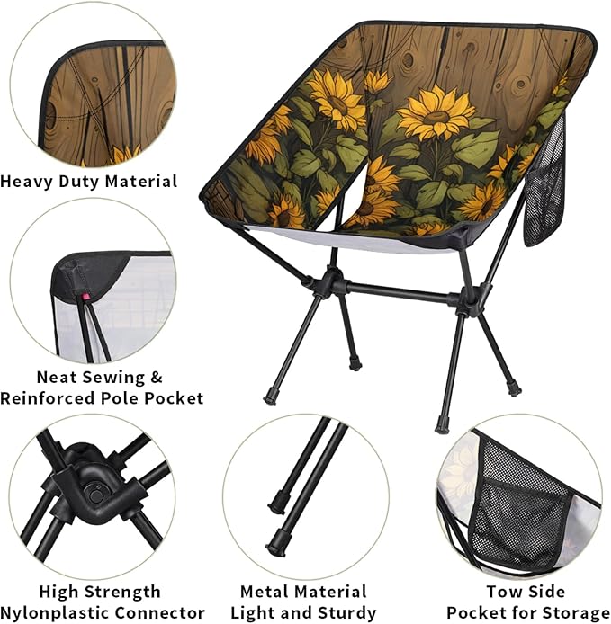 Honeybaby Folding Camping Chair Farmhouse Sunflowers Camping Chairs Lightweight Portable Chair Outdoor Foldable Chairs for Camping Travel Picnic Beach Hiking