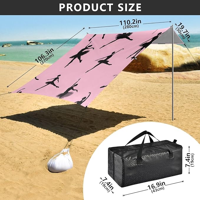 Ballet Dancer Black Silhouette Pattern Camping Sun Shelter Beach Tent Portable Beach Sun Shade Outdoor Canopy for Camping Trips Fishing Picnic