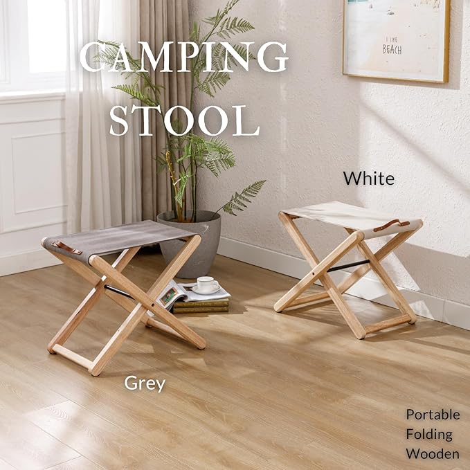 Folding Canvas Camp Stools Set of 6 Wood Folding Camping Stool Patio Portable Foot Stool for Garden Outdoor Fishing Picnic Travel BBQ Grey