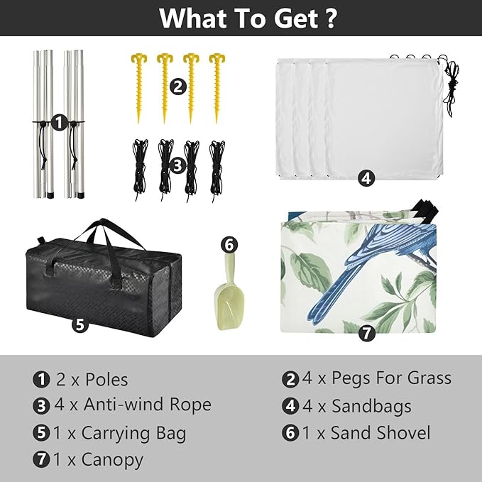 Birds and Leaves Beach Tent Sun Shelter 9.2' x 10.5' Beach Canopy with 4 Sandbags 4 Stability Poles Sand Shovels - Tent Canopy for Beach Camping Fishing Picnics