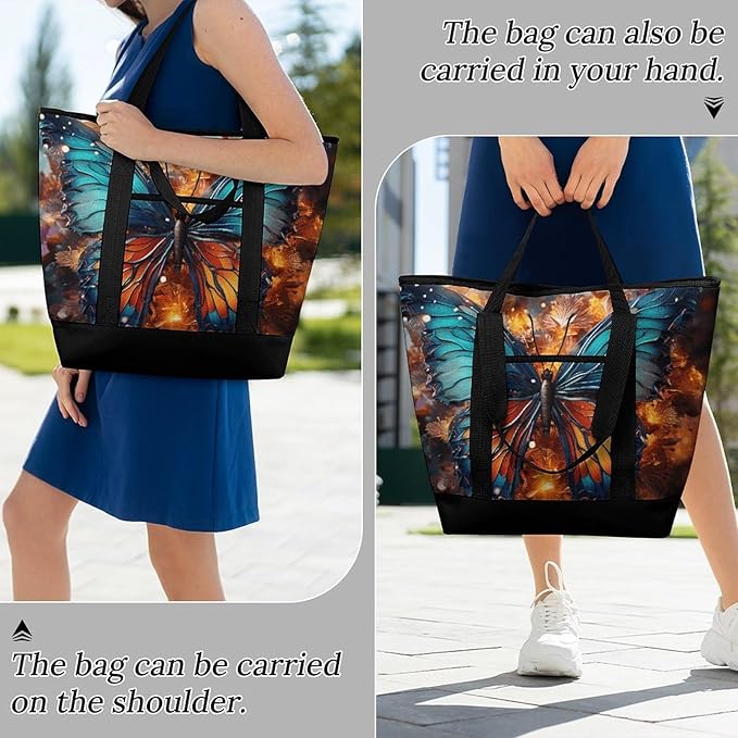 Insulated Shopping BagLarge Reusable Cooler Bags Color Butterfly Background Printed Foldable Shopping BagTravel Waterproof Shoulder Bag
