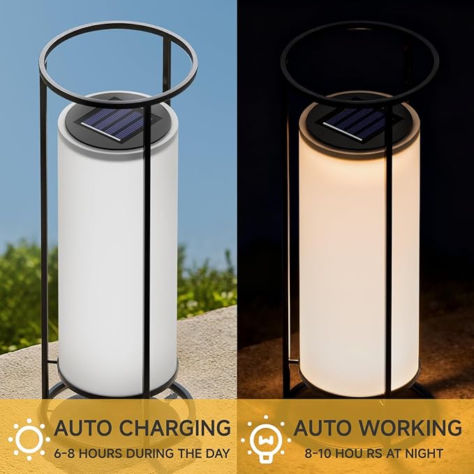 HOTEAGLE Outdoor Solar Lights14.8 H Modern Metal Cylinder Solar Powered Lantern Waterproof Decorative Table Lamp with Warm White LED Dusk to Dawn Auto On/Off for Garden Patio Yard Path Decor