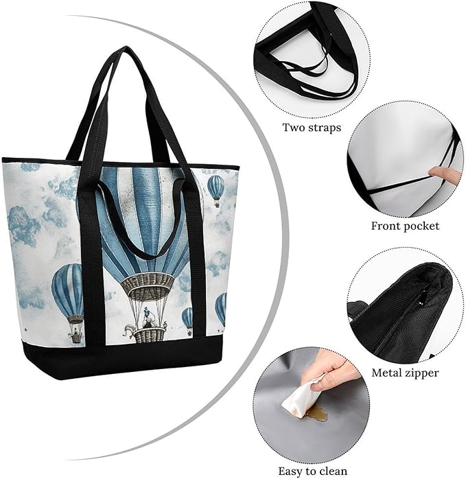 Insulated Shopping BagLarge Reusable Cooler Bags Blue Hot Air Balloon Printed Foldable Shopping BagTravel Waterproof Shoulder Bag