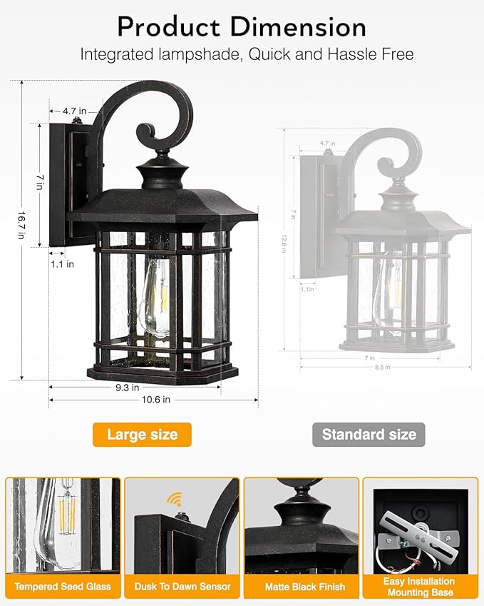 VIANIS 16.7 in Large Oil Rubbed Bronze Porch Lights Outdoor Dusk to Dawn Outdoor Lights for House Waterproof Outside Wall Light Fixtures for House Garden Garage Entryway Anti-Rust