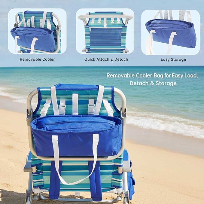 SUNNYFEEL Beach Chairs for Adults 2 Pack 5 Position Lay Flat Portable Folding Backpack Beach Chair Heavy Duty with Cooler Bag Cup Holder for Outdoor/Lawn/Picnic Foldable Camping Chair