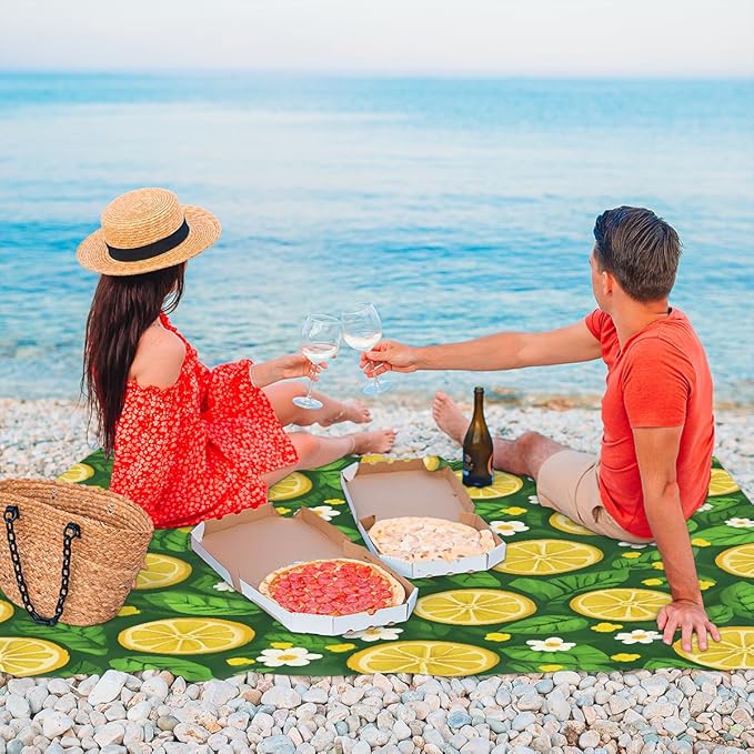 Waterproof Sandproof Beach Blanket 59''×68'' Lemon Joy Polyester Outdoor Picnic Blanket with 4 Stakes &amp Storage Bag for BeachCampingVacation Green