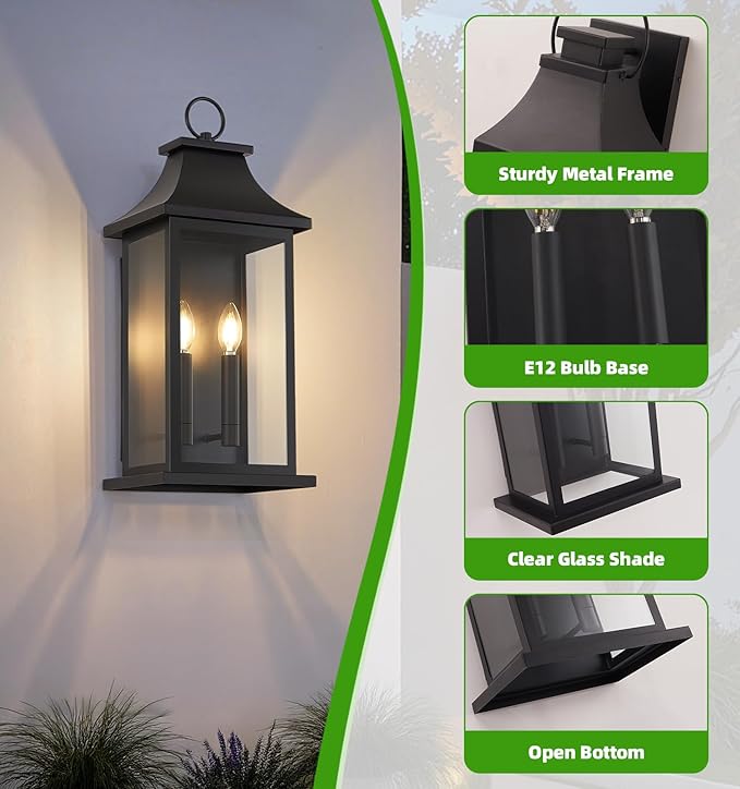 tewei 18'' Large Outdoor Wall Light Porch Light Outdoor Wall Sconce Lantern 2-Light Black Exterior Lighting Fixture Wall Mount Outside Light for House Garage 2-Pack