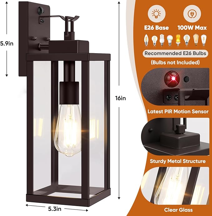 BesLowe 16” Upgraded Motion Sensor Outdoor Wall Lights Dusk to Dawn Porch Lights Outdoor Wall Sconces 3 Lighting Modes Exterior Lighting Fixtures with Hooks Brown Outside Lights for House 2-Pack
