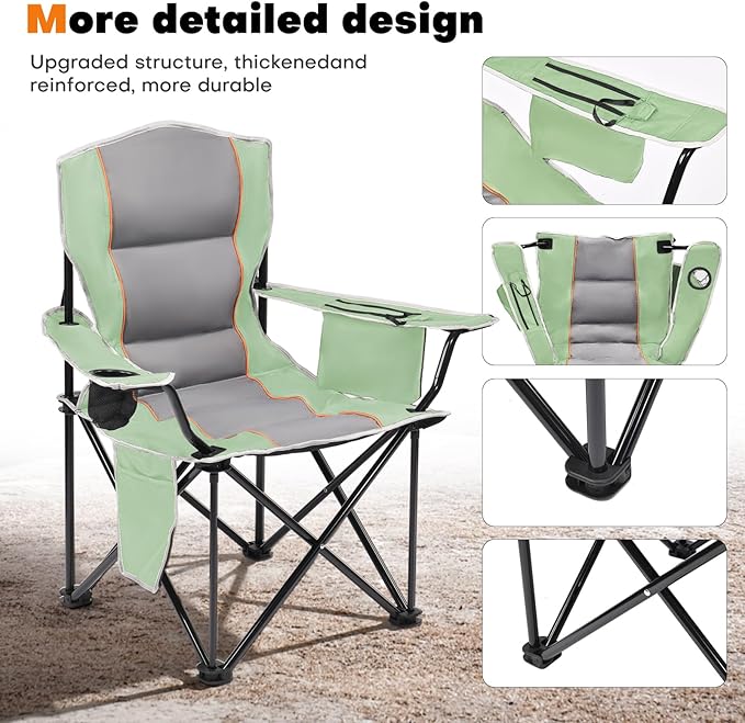 XMT Premium Padded Folding Chair Extra Wide &amp Heavy Duty 450lbs Capacity Portable Camping Chair with Insulated Cooler Cup Holder &amp Storage Compact Foldable for Outdoor Beach Picnics