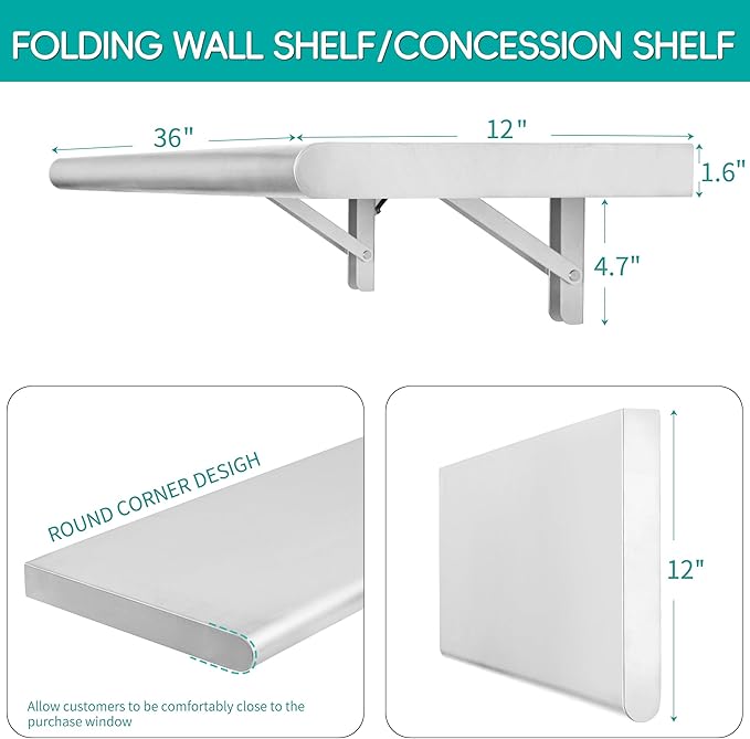 Concession Shelf 36L x 12W22 gauge ASTM 304 Stainless Steel Folding Serving Food Shelf Wall Mount Shelving  Stainless Steel Shelf For Food Truck grill areaBBQ working table Restaurant .NSF