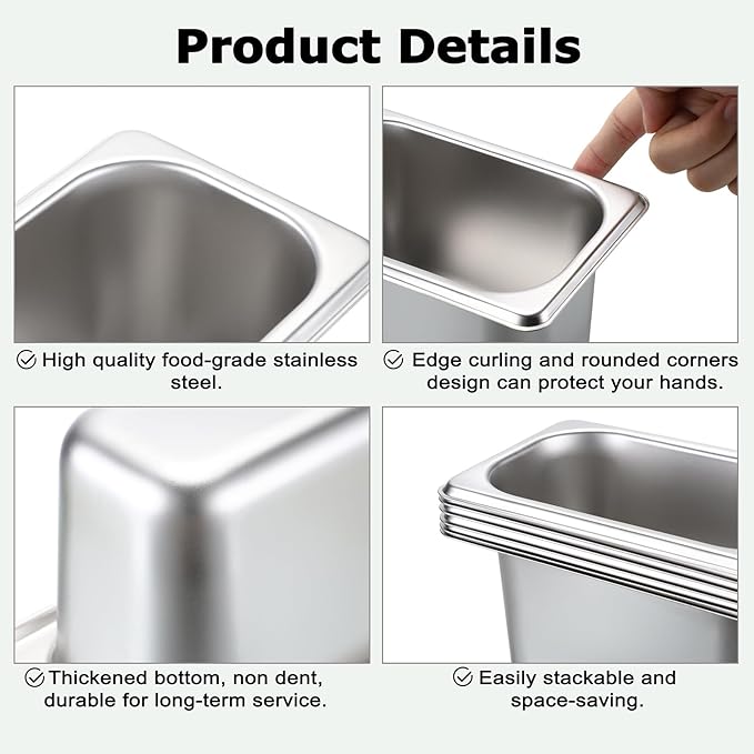 BSTKEY 6 Pack 1/9 Size 4 Inch Deep Hotel Pans Stainless Steel Steam Table Pan Stackable Catering Pan Metal Pan Commercial Food Pans for Kitchen Restaurant Buffet Party Supplies
