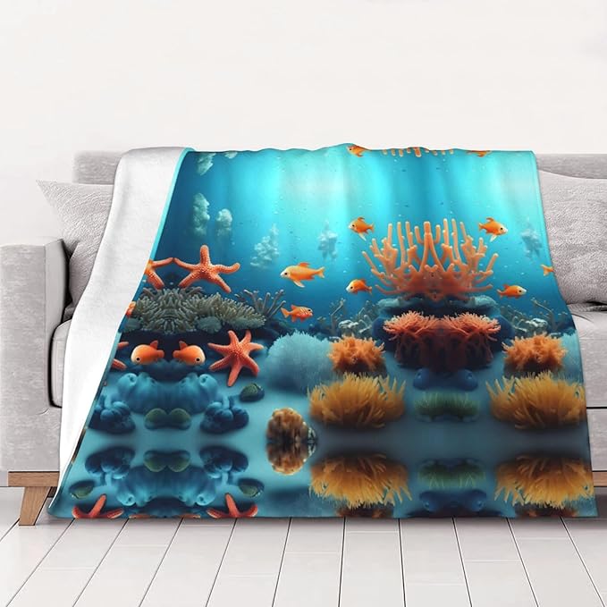 Coral Fish Underwater Blanket.Super Soft Flannel Blanket 80x60 inches 100% Polyester for Warmth Perfect for beds Sofas and Camping.
