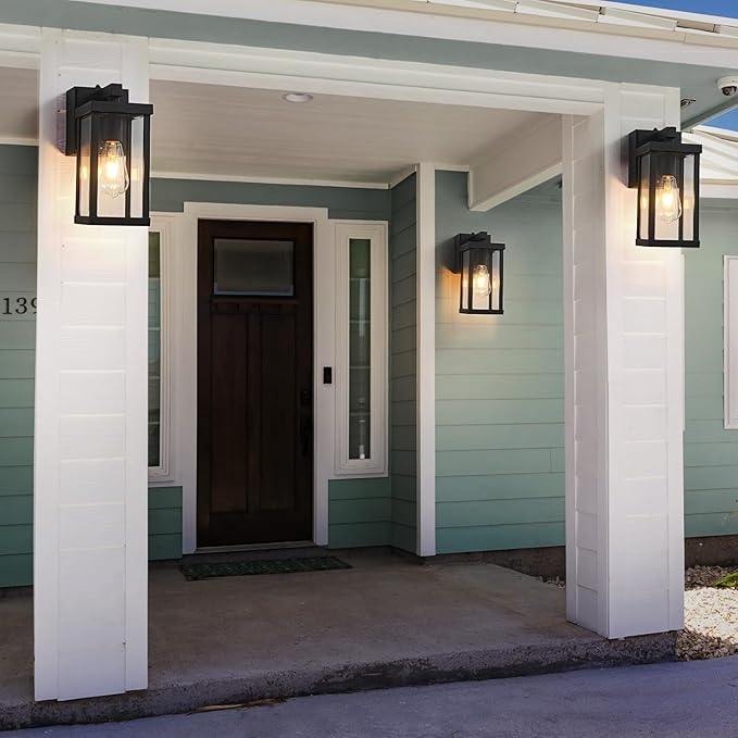 Dusk to Dawn Porch Lights with GFCI Outlets Waterproof Outdoor Wall Lights Exterior Lighting Fixtures Modern Outside Lights Wall Mount for House Patio GarageBlack11.8''H 2 PC