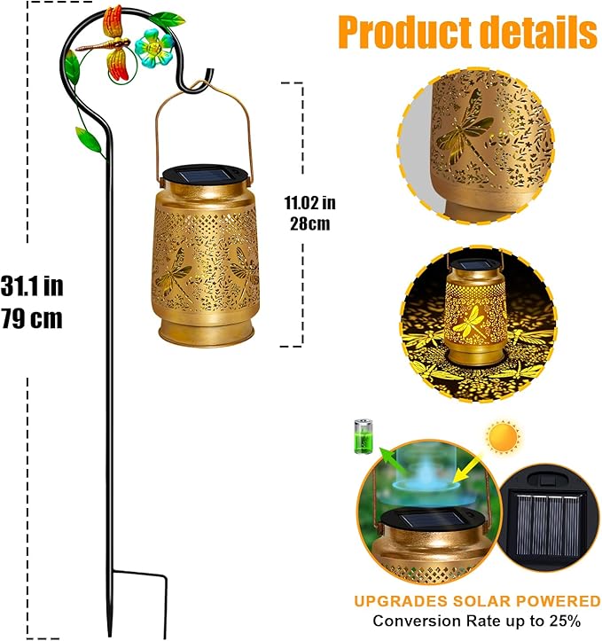 Dragonfly Solar Lanterns with Shepherd Hook Outdoor Waterproof Gifts for WomenMomGrandmaHanging Metal Solar Garden Lights for YardPatioBackyardPorch