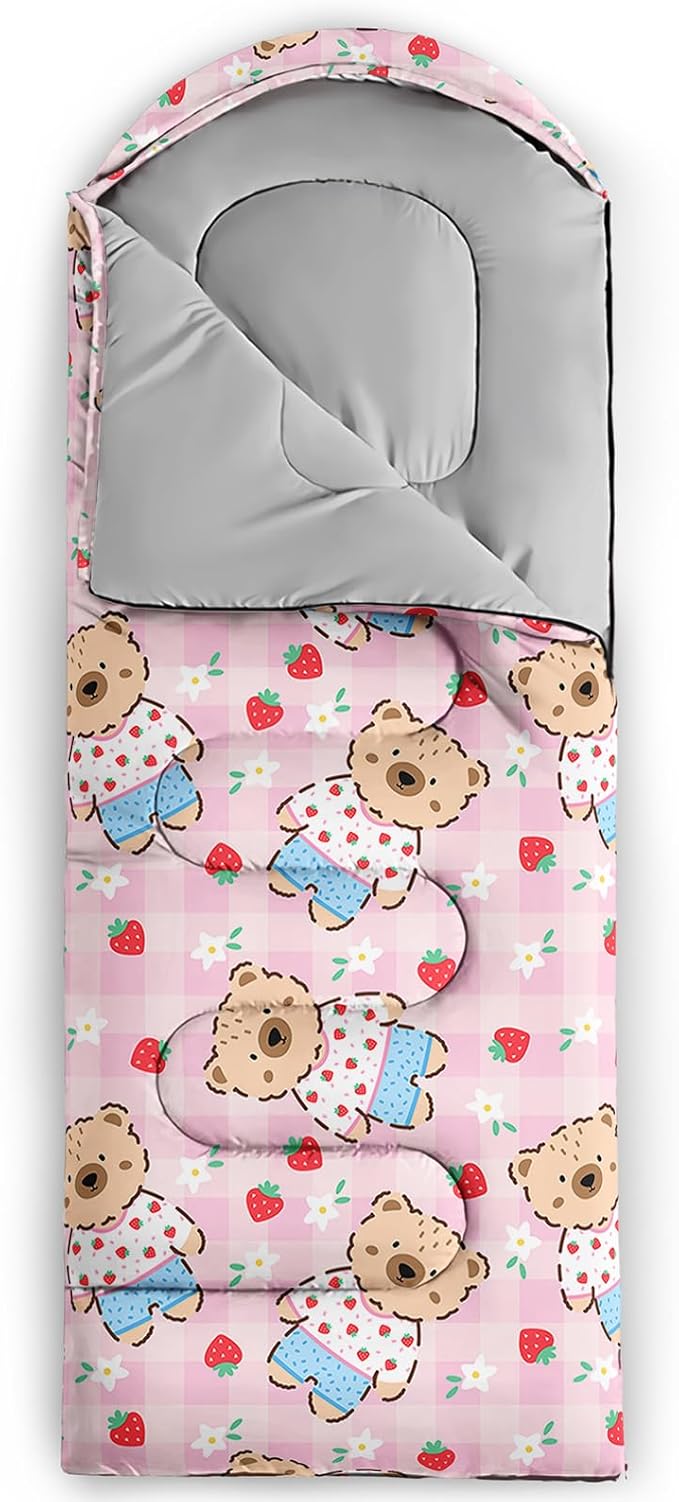 Cute Bear Sleeping Bag for Girls KidsKawaii Milk Tea Waterproof Portable Camping Bag3 Season Warm Cool Weather Lightweight Compact Camping Essentials Gear for Travelling Hiking Yellow
