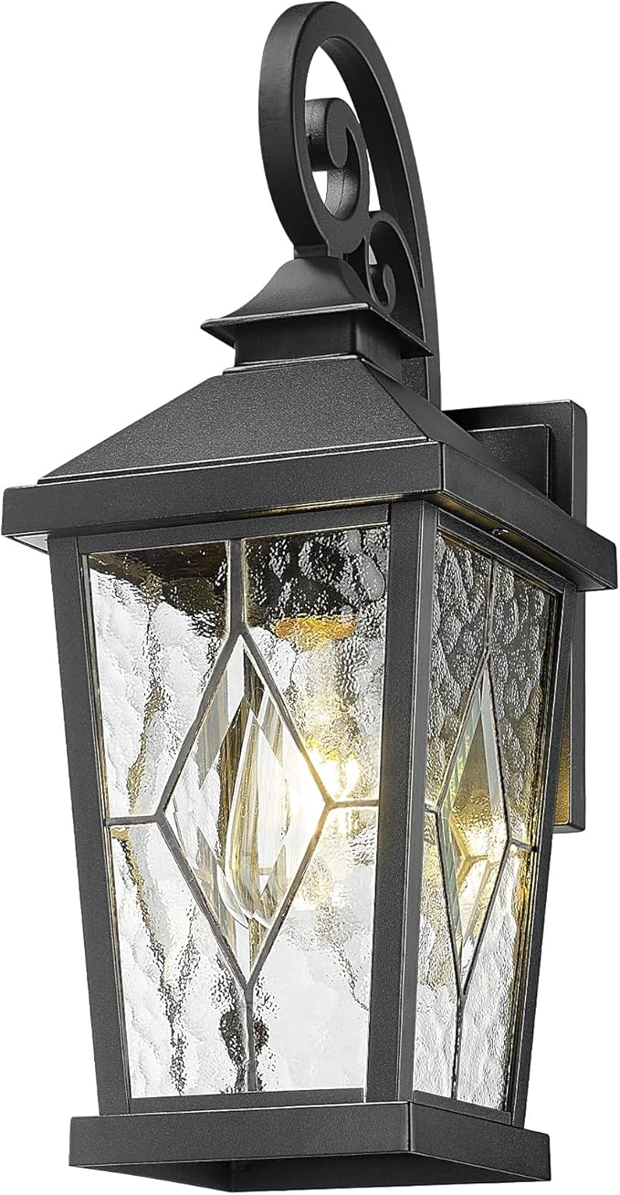 Emliviar Outdoor Porch Light 16 Inch Farmhouse Wall Mount Fixture with Water Glass Shade Matte Black Carriage Light for House Yard Garden Patio WE301B-SD BK