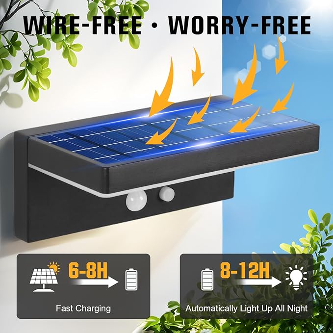 Solar Motion Sensor Outdoor Lights 2-Pack - 600 Lumen 3 Modes IP44 Waterproof Aluminum Solar Wall Address Light with 10H Runtime for Garden/Fence Black SG601020