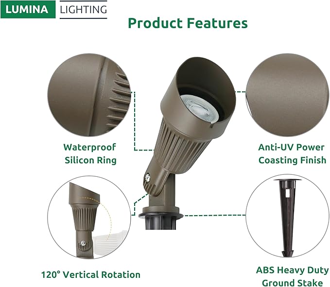Lumina Lighting® 4W Landscape lighting 12V Landscape Lights Low Voltage Landscape Spotlights Warm White Waterproof Outdoor Replaceable LED Bulb for Garden Lawn Porch Patio and Yard (Bronze 6-Pack)