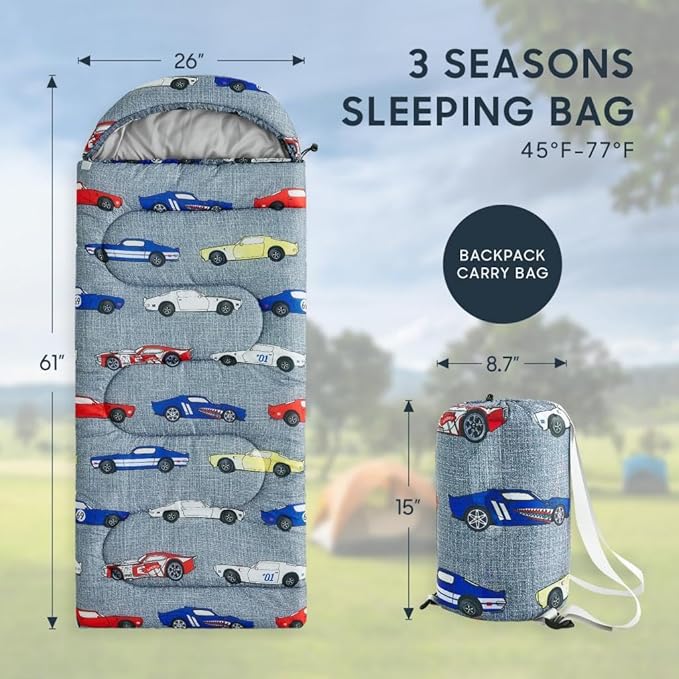 Wake In Cloud - Kids Sleeping Bag for Boys Toddlers Camping in Warm Cold Weather Backpacking Lightweight Compact Outdoor Liner for 3 Seasons Race Cars Vehicles