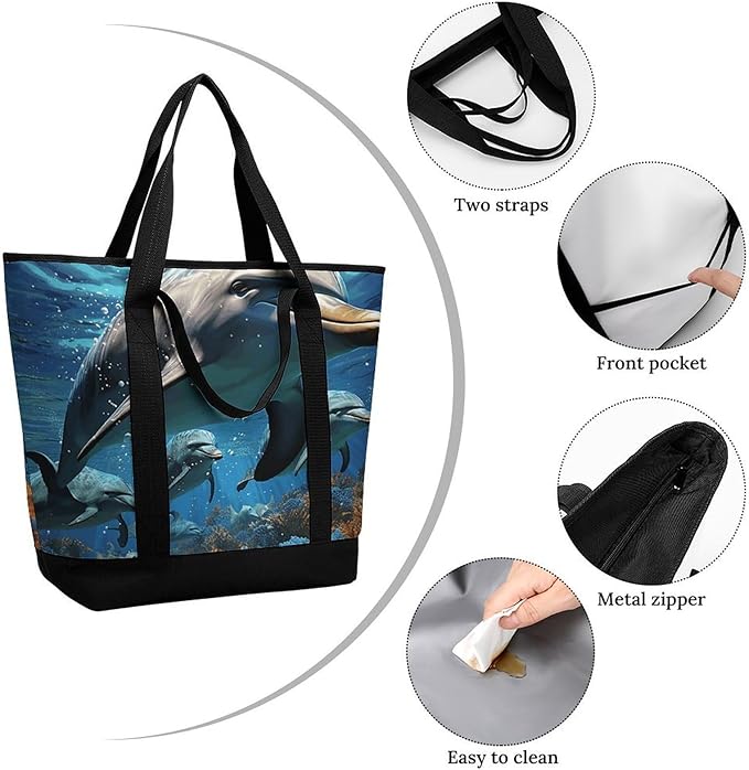 Insulated Shopping BagLarge Reusable Cooler Bags Dolphins Printed Foldable Shopping BagTravel Waterproof Shoulder Bag