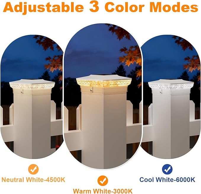 APONUO Solar Post Cap Lights for 4x4 5x5 Wood &ampVinyl Posts 3 Light Modes &amp 800mAh Battery IP65 Waterproof Rugged Unibody Solar Outdoor Lights for Fence Deck &amp Patio (White 12 Pack)