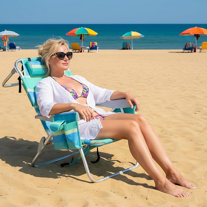 Low Beach Chair for Adults5 Position Lay Flat Portable Folding Aluminum Reclining Backpack Beach Chairs Heavy Duty with Cup Holder Large Pocket for Outdoor/Lawn/Picnic/Fishing
