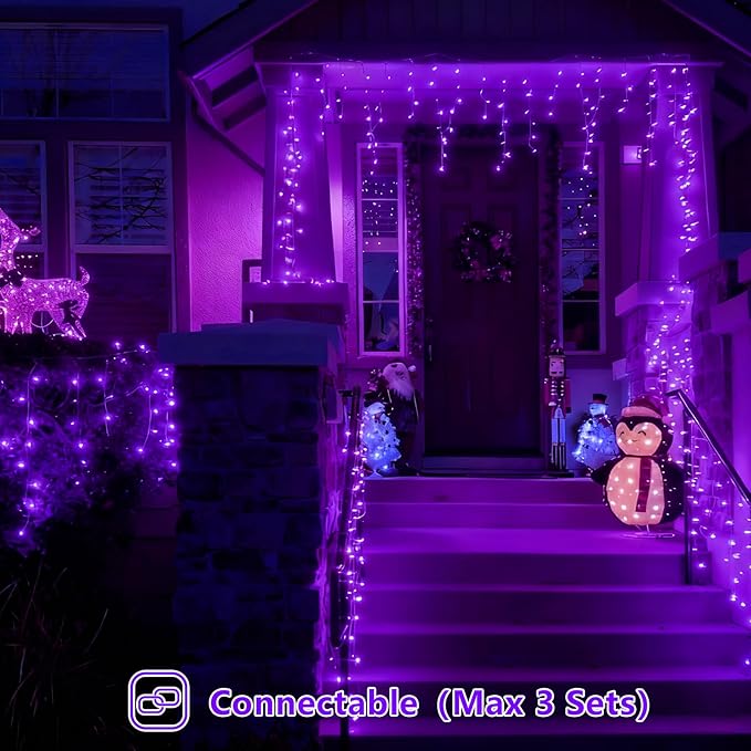YEGUO 33ft 400 LED Purple Icicle Christmas Lights Outdoor Waterproof 80 Drops Icicle Light Connectable 8 Modes Christmas Lights Indoor with Memory Timer