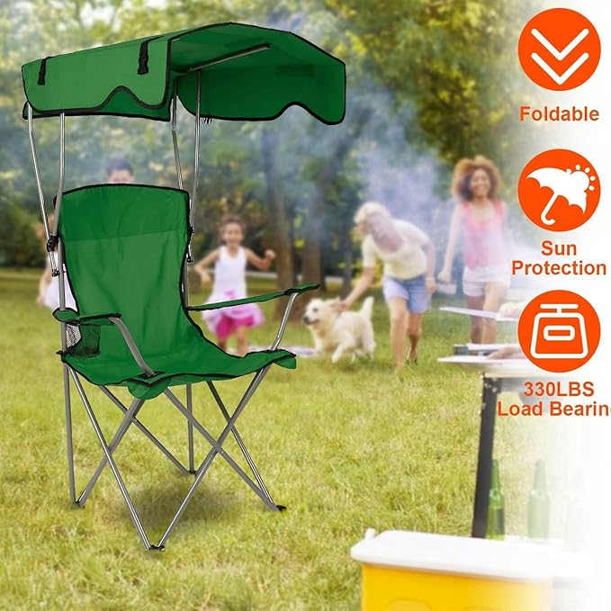 KOCASO Canopy Folding Beach Chair with Sun Shade Heavy Duty 330lbs Portable Camping Lawn Chair with Cup Holder for Pool Travel Picnic