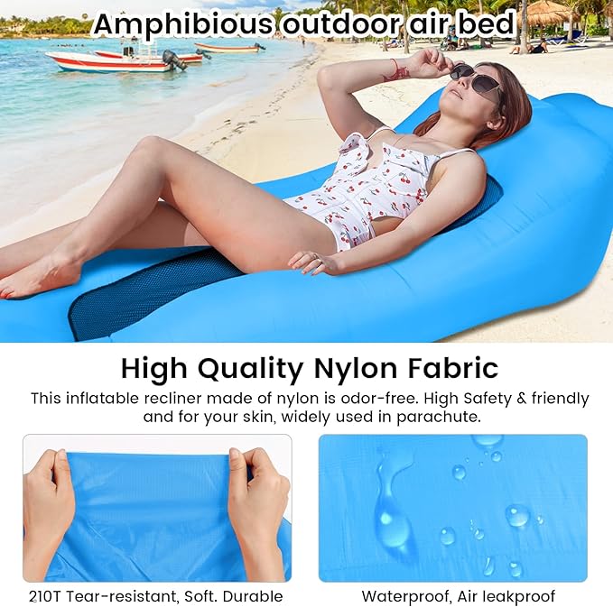 ele ELEOPTION Outdoor Inflatable Camping Couch Waterproof Portable Blow Up Air Sofa Chair Lounger for Backyard Beach Traveling Camping with Compression Sacks (Blue)