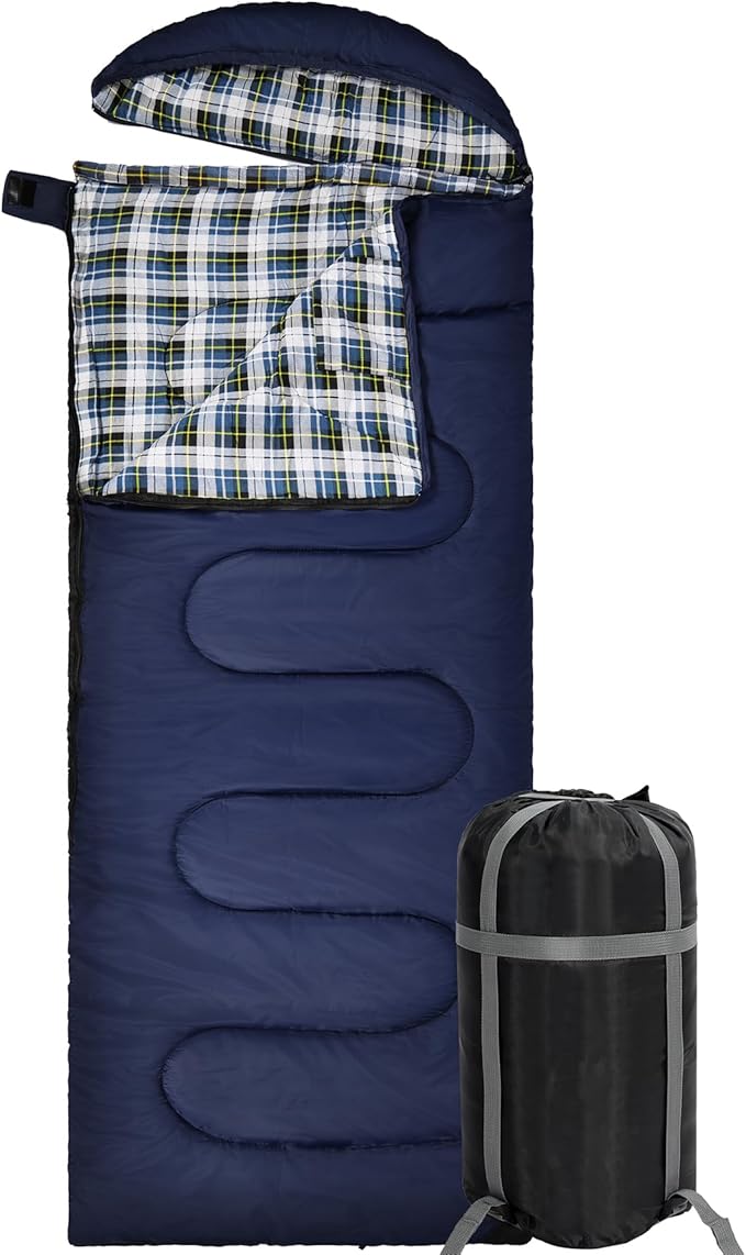 REDCAMP Flannel Sleeping Bag for Adults Comfortable Cotton Sleeping Bags for Camping with Detachable Hood Red/Grey/Blue/Black