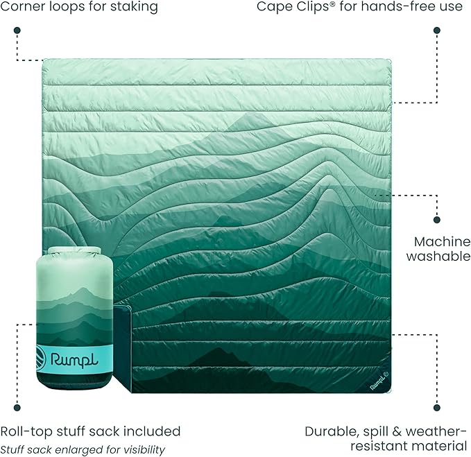Rumpl Original Puffy Blanket - Warm Puffy Camping Blanket 100% Recycled Polyester Insulation Lightweight Packable Water-Resistant Outdoor Puffer Blanket 84x80 Cascade Fade