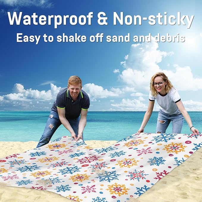 Waterproof Sandproof Beach Blanket 59''×68'' Needle Snowflake Polyester Outdoor Picnic Blanket with 4 Stakes &amp Storage Bag for BeachCampingVacation White