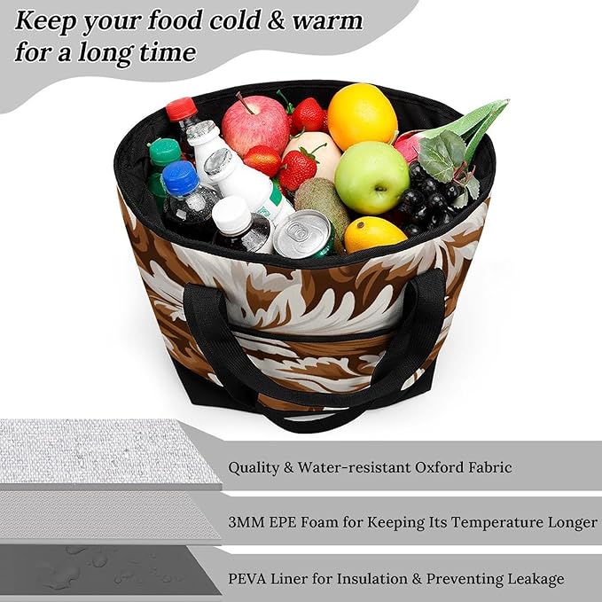 Insulated Shopping BagLarge Reusable Cooler Bags Brown And White Pattern Printed Foldable Shopping BagTravel Waterproof Shoulder Bag