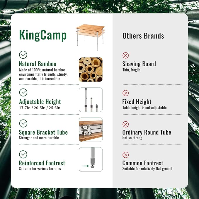 KingCamp Adjustable Height Folding Table 4-Fold Bamboo Camping Outdoor Portable RV Camp Table with Carry Bag for Outdoor Car Backyard Picnic Tailgating Beach