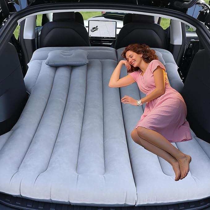 Car Air Mattress - Inflatable Camping Bed Compatible with Tesla Model Y Thickened Flocked AirBed for Trunk/Backseat/Sedan/SUV/RV Sleeping Pad with Pump and 2 Pillows for Camping Travel Outdoor Grey