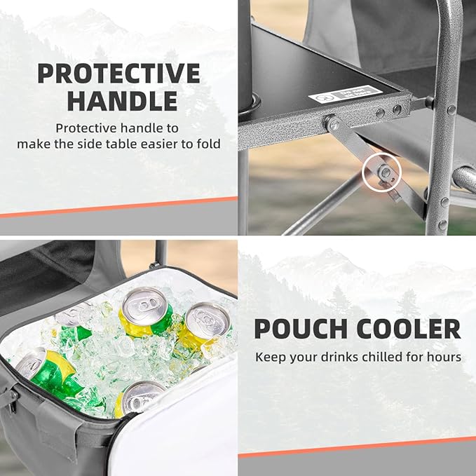Director Camping Chair with Cooler Bag &amp Foldable Side Tray - 400lbs Heavy Duty Outdoor Folding Lawn Chair Portable Camp Chair for Fishing/Backyard (Black &amp Gray)