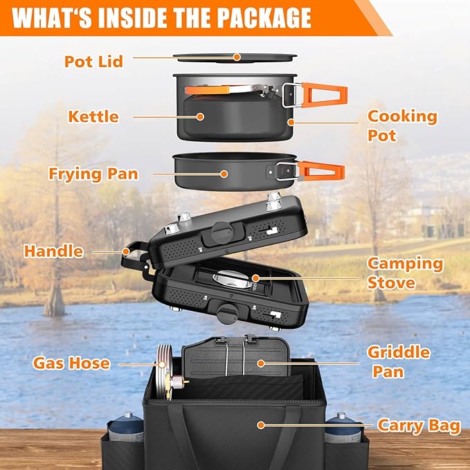 Hisencn Camping Stove2 Burner Propane Stove20000 BTU/h Camping Cooking set Includes Frying PanKettle and PotAdjustable Burners &amp Piezo IgnitionPortable stove for camping OutdoorBlack