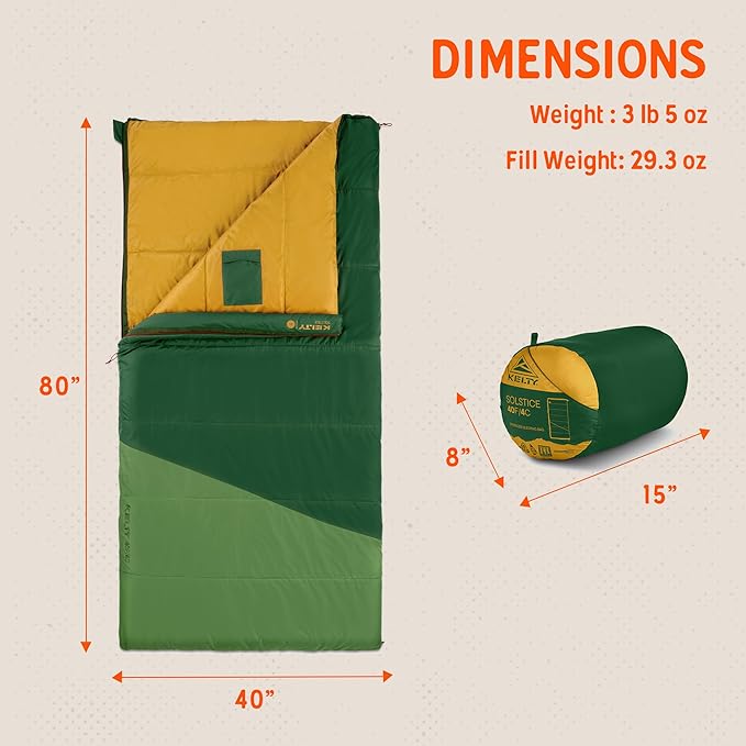Kelty Solstice 20 Oversized Camping Sleeping Bag Spacious Rectangular Shape Zip Together for 2P Anti-Snag Zips Internal Pocket