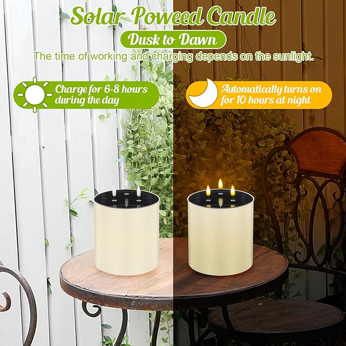 3 Pack Solar Large Flameless Candles with 3 Wicks 5. 9 x 5. 9 Waterproof Outdoor LED Pillar Candles Battery Operated Jumbo Flickering Candlestick for Home Patio Church Lanterns Ivory