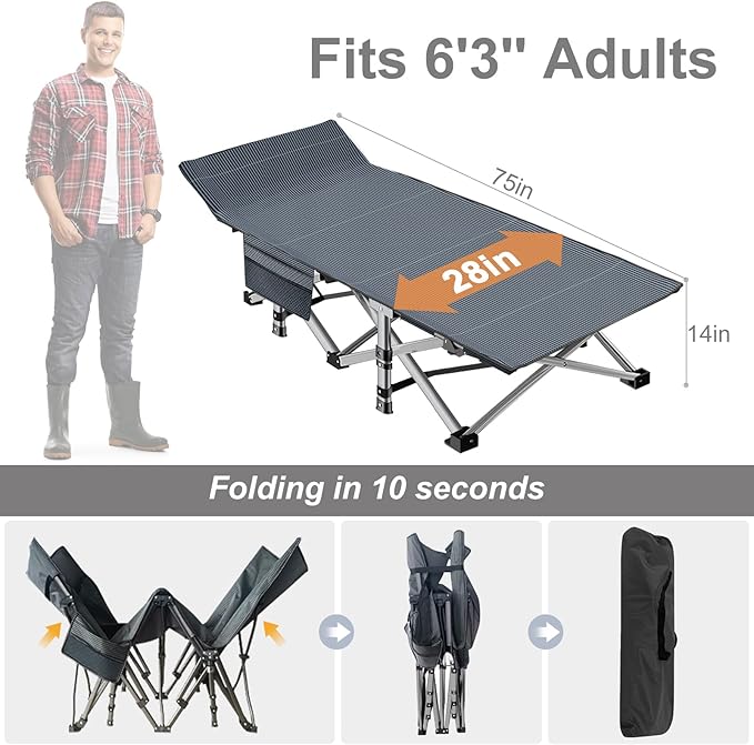 ABORON Camping Cot for Adult 28 Extra Wide 2PK Heavy-Duty 1200D Oxford Cot for Sleeping Portable Folding Camp Bed with Mat &amp Carry Bag