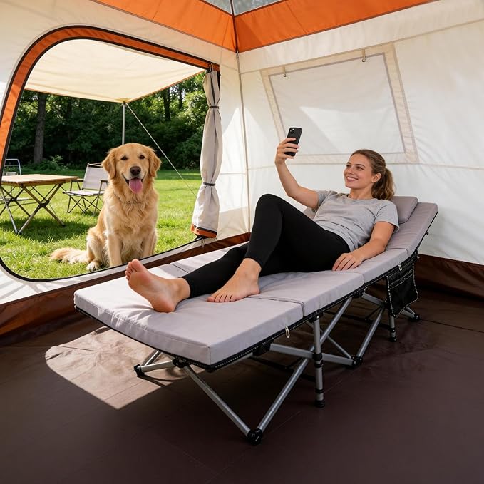DoCred Oversized Folding Camping Cot with 2” Mattress Heavy Duty Sleeping Cot for Adults Portable Adults Outdoor Bed with Carry Bag Travel Camp Cots